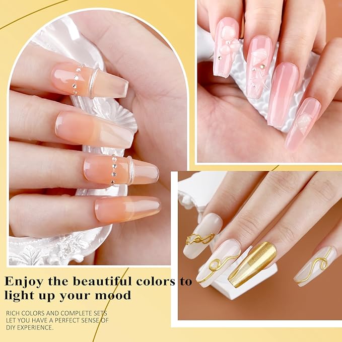 Solid Builder Nail Gel Kit, 4 Colors Non Stick Nail Extension Gel Set, Clear White Pink Apricot Nail Gel with Powder and Decorations Manicure Tools DIY at Home for Professional Salon