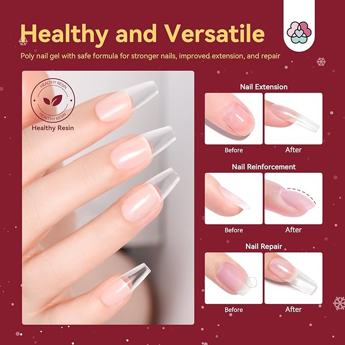 Saviland Christmas Poly Nail Gel Kit with U V Light: 8 Colors Poly Nail Gel Nail Kit Extension Slip Solution Nail Brush UV Nail Lamp Basic Tools Nail Art for Beginners Home DIY Christmas Gift