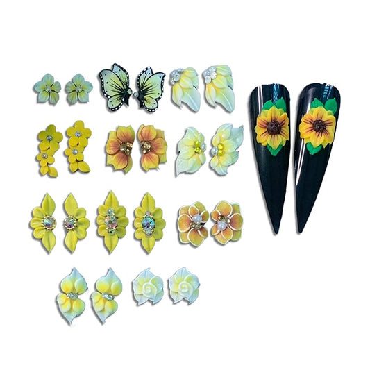Set 3D Acrylic Yellow Flower Nail Art Charms Handmade by Acrylic Powder - 24pcs 3D Flowers Nails Rhinestones Kit 3D Crystal Nail Pearls Design Acrylic Nail Art for Women (Yellow)