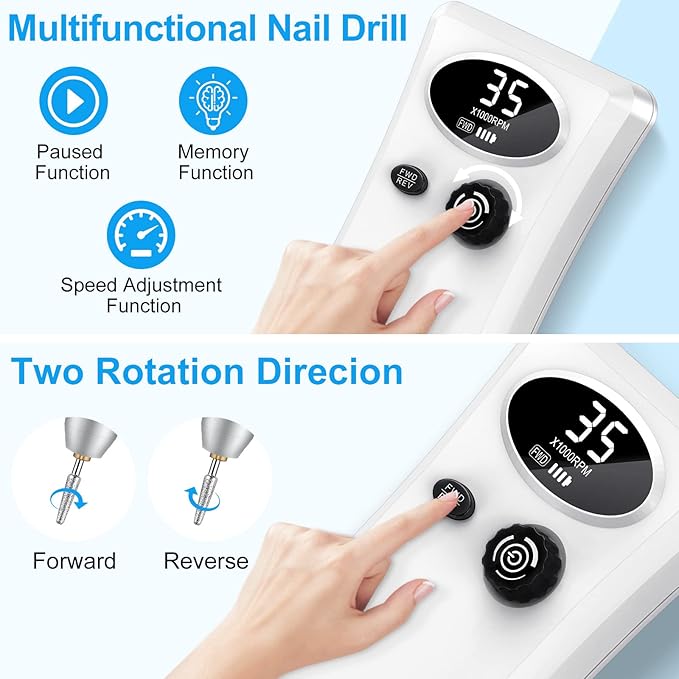 35000RPM Professional Nail Drill Machine, Portable Rechargeable File Machine Set for Acrylic Gel Nails, Manicure Pedicure Tools for Home and Salon Use