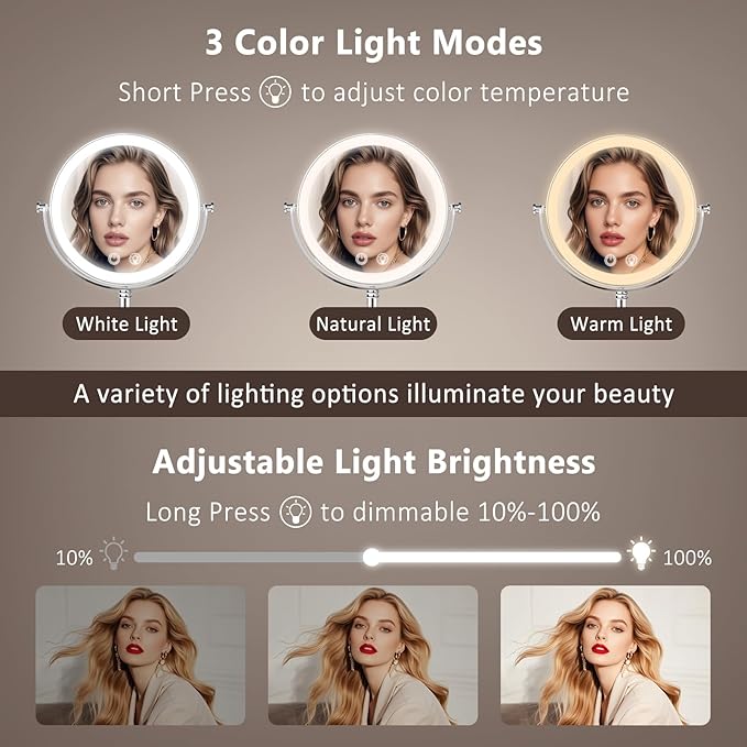 Lighted Makeup Mirror, Brightness Adjustable, 4000 mAh Rechargeable Double Sided Magnifying Mirror 1x/10x with 3 Colors, 360° Rotation Vanity Mirror, Memory Function, Women Gift