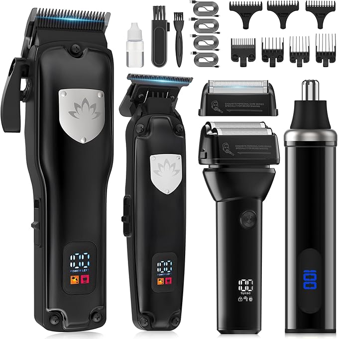 Karrte Professional Hair Clippers and Trimmer Set for Men, T-Shaper Trimmer & Foil Shaver, Nose & Ear Hair Trimmer, Cordless Clippers and Grooming Set, Hair Cutting Kit with LED Display Black