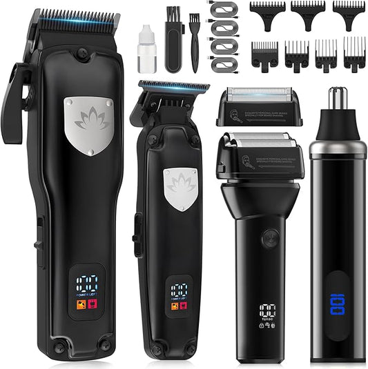 Karrte Professional Hair Clippers and Trimmer Set for Men, T-Shaper Trimmer & Foil Shaver, Nose & Ear Hair Trimmer, Cordless Clippers and Grooming Set, Hair Cutting Kit with LED Display Black