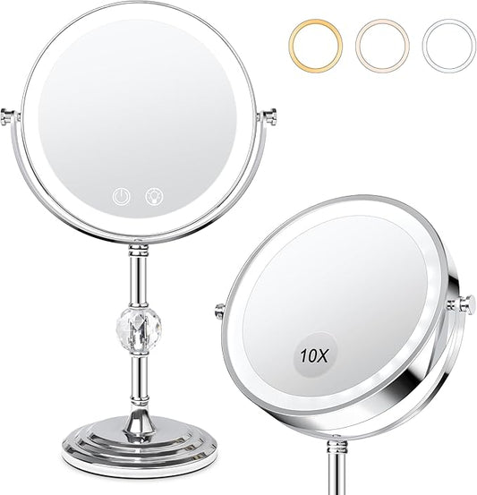 Lighted Makeup Mirror, Brightness Adjustable, 4000 mAh Rechargeable Double Sided Magnifying Mirror 1x/10x with 3 Colors, 360° Rotation Vanity Mirror, Memory Function, Women Gift