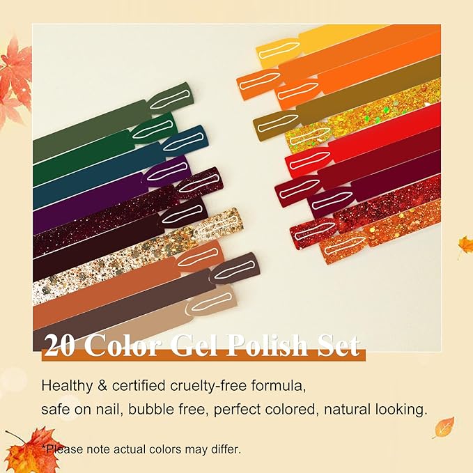 Gel Polish Nail Set 20 Colors with 3Pcs Glossy & Matte Top Coat and Base Coat, Orange Brown Burgundy Green Sparkle Glitters Colorful Gel Polish Set For Mother's Day