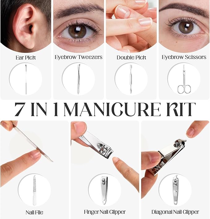 Lasnten 100 Bulk Nail Clipper Set Bulk Manicure Kit Stainless Steel Pedicure Professional Nail Care Kit with Travel Case Portable Grooming for Husband Men Women Family(Black,7 in 1)