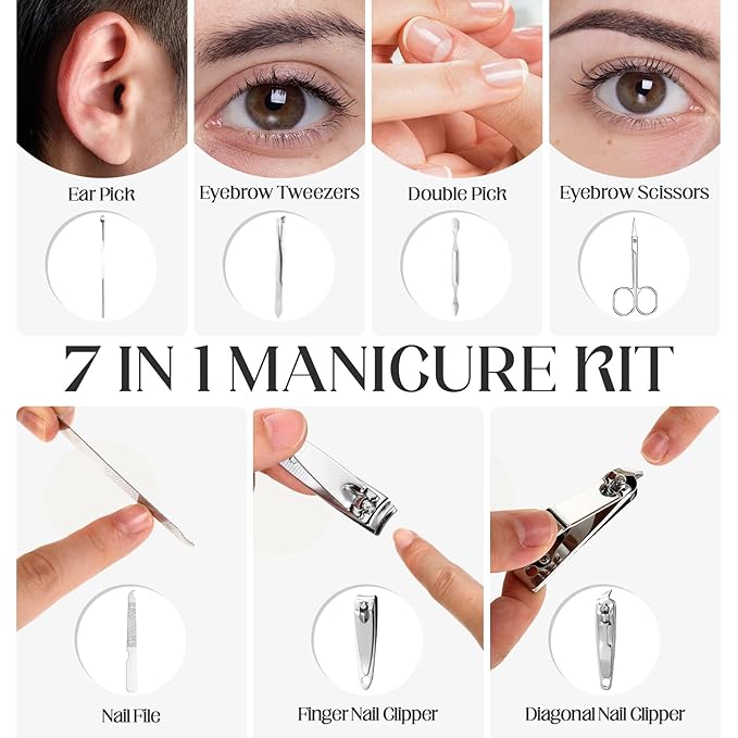 Lasnten 24 Set Manicure Set Bulk Nail Clippers Grooming Nail Kit Stainless Steel Professional Pedicure Kit Pedicure Tools with Travel Case Gifts for Men Women Personal(7 in 1,Black)