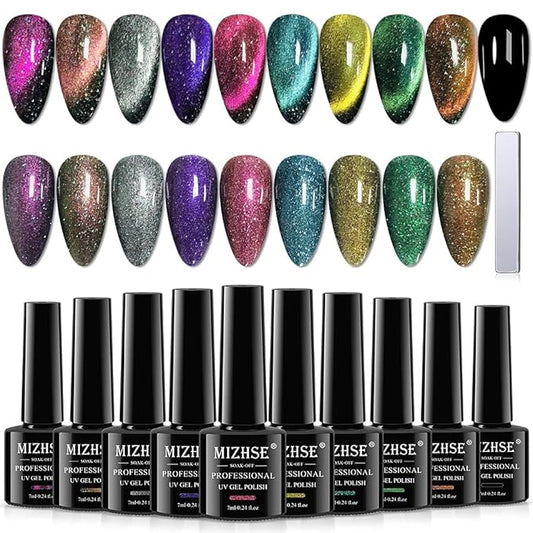 MIZHSE Cat Eye Gel Nail Polish 10 Colors, Magnetic Gel Polish Set with Magnet Stick, Holographic Shimmery Galaxy Effect Cat Eye Nail Polish Soak Off Nail Art Manicure Kit Gift for Women