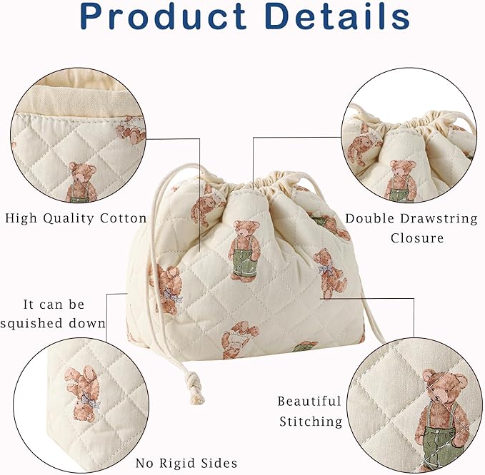 Cotton Quilted Drawstring Makeup Bag with Canvas Lining,Coquette Aesthetic Cute Travel Toiletry Bag,Drawstring Gift Bag for Women and Girls（04White Bear）