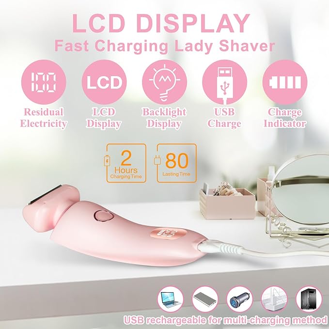 Electric Razors Shaver for Women, 2-in-1 Womens Electric Razor for Leg Arm Face, Cordless Bikini Trimmer Hair Removal for Women with Detachable Head, Painless,IPX7 Waterproof,Wet & Dry,Pink