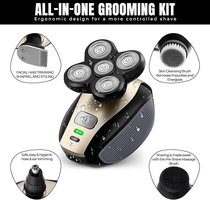 Electric Shaver Bald Head Shaver Head Shavers for Bald Men Electic Razor for Men Waterproof Cordless Trimmer for Nose Ear Face Body Wet Dry Men's Rotary Shavers for Head Shaving Machine 5 in 1 4D