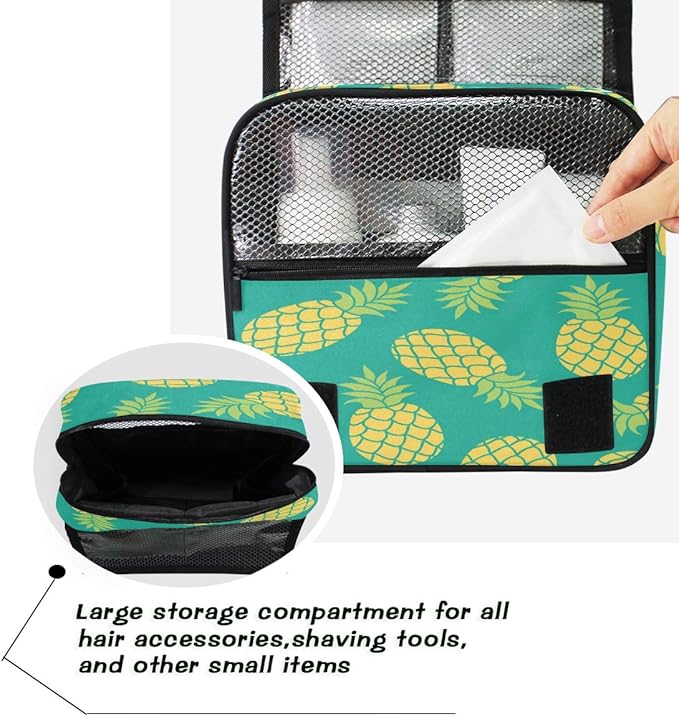 Hanging Toiletry Bag Tropical Fruit Pineapple Pattern Portable Travel Cosmetic Makeup Bag Bathroom Shower Shaving Kit Organizer Bag for Men Women