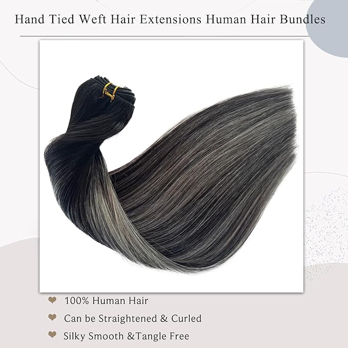 Sew in Hair Extensions Real Human Hair Wefts Extensions 100G 18 Inch Ombre Natural Black Balayage Silver Grey Highlights Hand Tied Weft Hair Extensions Real Remy Human Hair Bundles Weave Extensions