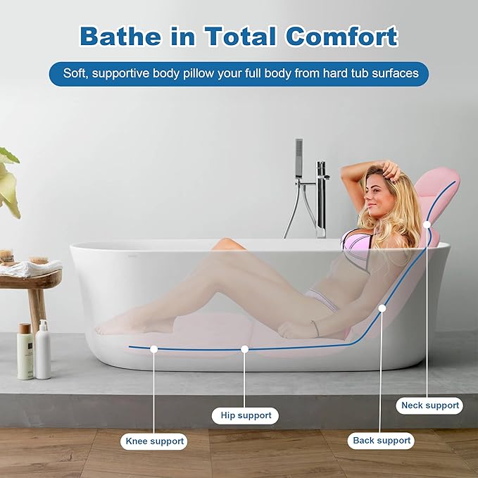 Full Body Bath Pillow, Luxury Bath Cushion with 192 Suction Cups, Bath Pillows for Tub for Head and Neck Support, with Laundry Bag Pink, 51" x 16"
