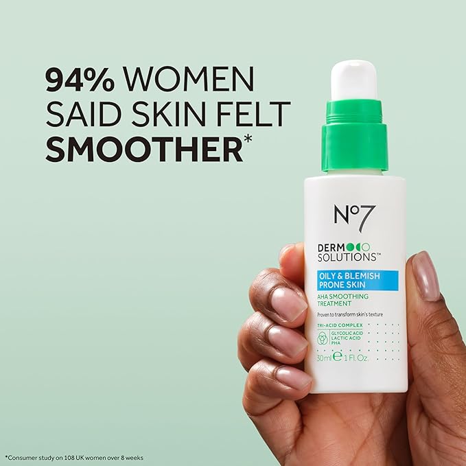 No7 Derm Solutions AHA Exfoliant & Face Toner with Lactic & Glycolic Acid - AHA Smoothing Treatment - Controls Oil and Minimizes Pores - for Oily & Blemish-Prone Skin (1 Fl Oz)