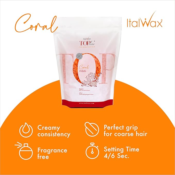 Italwax Top Line Coral - 750g / 1.65lb - Hard wax beads for hair removal - Unscented - Synthetic formulation ideal for sensitive skins - Recommended for Bikini Area and Armpits