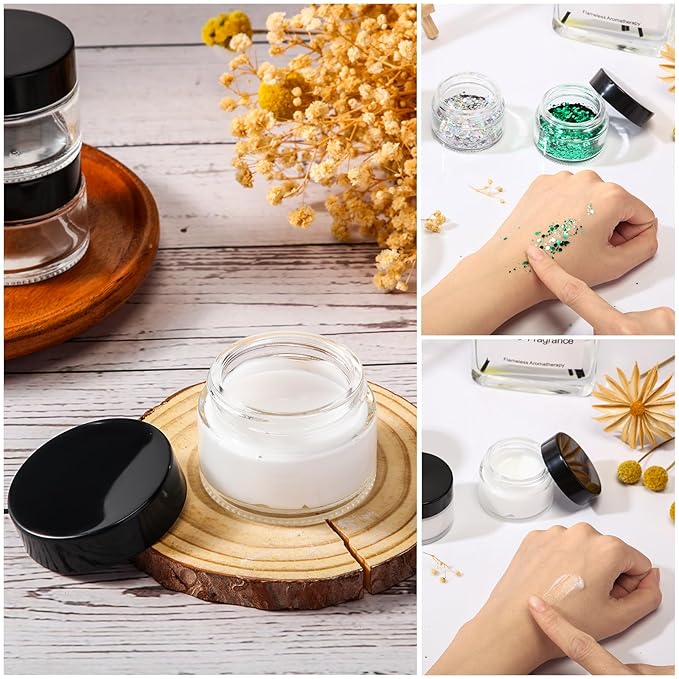 Domensi 60 Pcs 1oz Glass Jars with Lids Bulk Salve Tins Small Glass Candle Cosmetic Jars for Travel with Inner Liners Containers for Lotions Sample Cream(Clear, Black Lid)