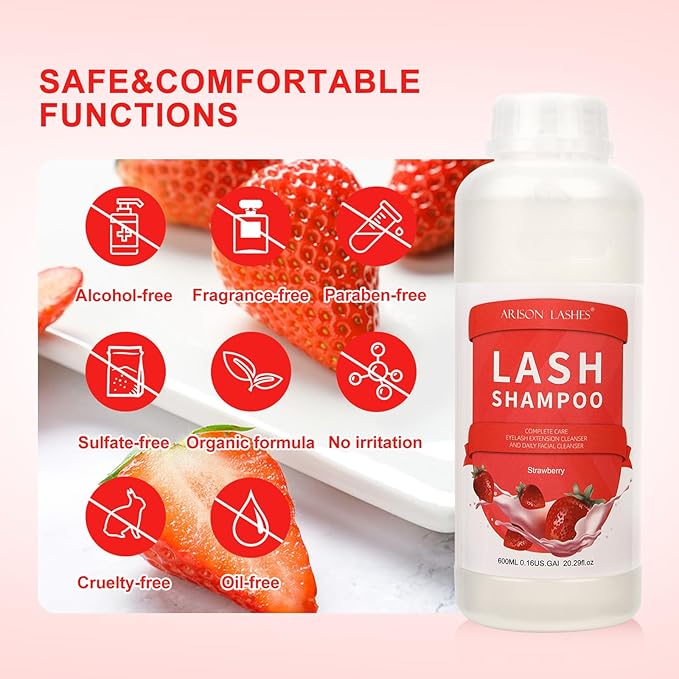 Arison Eyelash Eyelash Extension Shampoo 600ml / Eyelid Foaming Cleanser/Wash for Extensions and Natural Lashes/Paraben & Sulfate Free Safe Makeup & / Professional & Self Use (Strawberry)