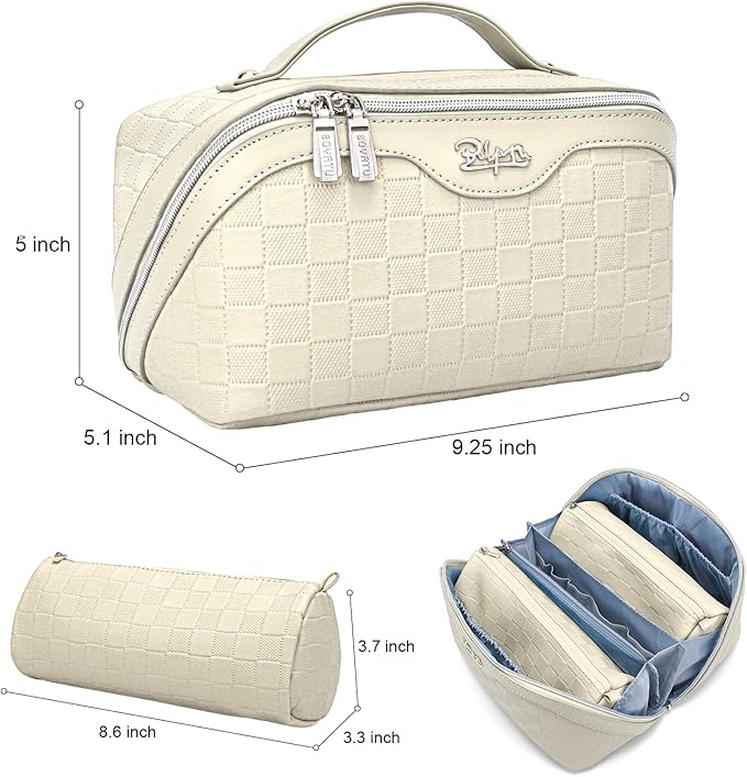 Travel Makeup Bag Organizer Cosmetic Bag: 3 Pcs Set Make up Bags for Women with Handle - Waterproof Vegan Leather Toiletry Bags with Comparments (Beige)