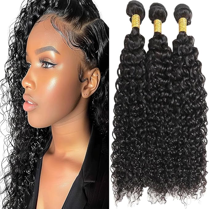 Human Hair Water Wave Bundles Natural Color Water Curly Weave Human Hair Bundles Double Weft Brazilian Weave Extensions Soft and Silky for Black Women 24 26 28 Inch