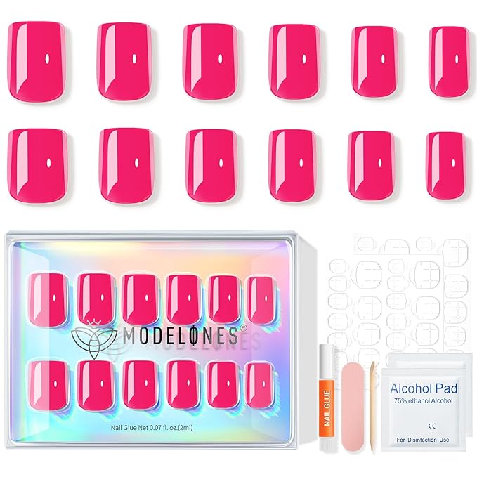 Modelones Pink Press on Nails, Chrome Short Square Fake Nails, Spring Easter Reusable Nail Kit with Nail Glue Adhesive Tabs Mini Nail File, Nails Press Ons 32Pcs16 Sizes, Women Girl Gift