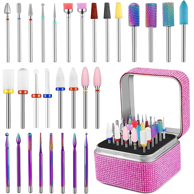 30Pcs Nail Drill Bits Set with Rhinestone Storage Box, 3/32 Inch Ceramic Diamond Carbide Nail Drill Bits for Acrylic Gel Polish, Cuticle Efile Remover for Manicure (Pink)
