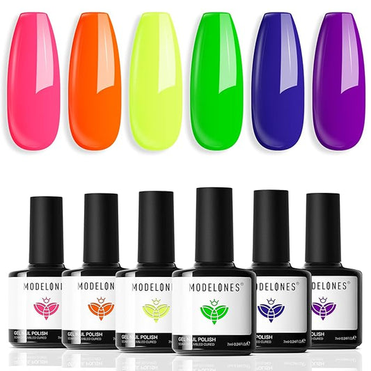 modelones Neon Gel Nail Polish Set -6 Colors Spring Summer Hot Pink Blue Purple Green Yellow Gel Polish Set Soak Off Nail Kit Manicure DIY Nail Art Salon Home Gift