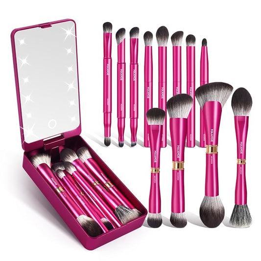 MAANGE 12 Pcs Makeup Brush Set Double-ended Kabuki Brush Travel Makeup Brushes for Foundation Powder Concealers Eye Shadows Makeup Tools Set with LED light Mirror (Pink)