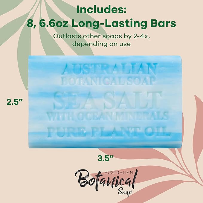 Australian Botanical Soap, 6.6 OZ, Sea Salt and Ocean Minerals, Triple Milled Bars made with a Natural Soap Base and Enriched with Organic Shea Butter, Pack of 8