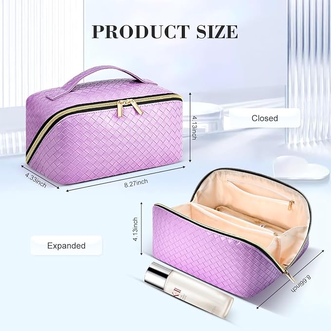 Travel Makeup Bag: Large Capacity Cosmetic Bag for Women, Portable PU Leather Waterproof Stuff Bag With Handle and Divider Flat Lay Makeup Pouch Toiletry Bag Birthday Gift for Women - Purple