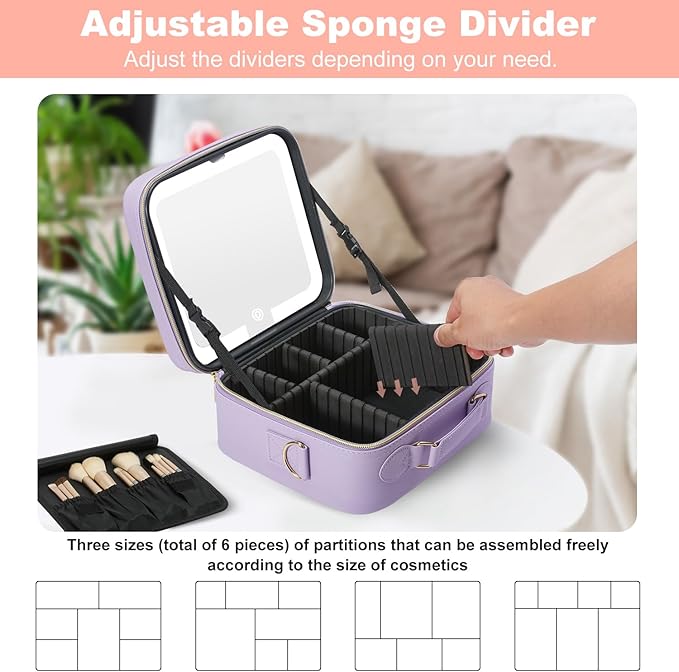 Mocado Travel Makeup Bag with LED Lighted Mirror,Travel Makeup Organizer,Makeup Case with 3 Color Lighted Setting and 10x Magnifying Mirror,Portable Storage and Adjustable Dividers Makeup Box(Purple)