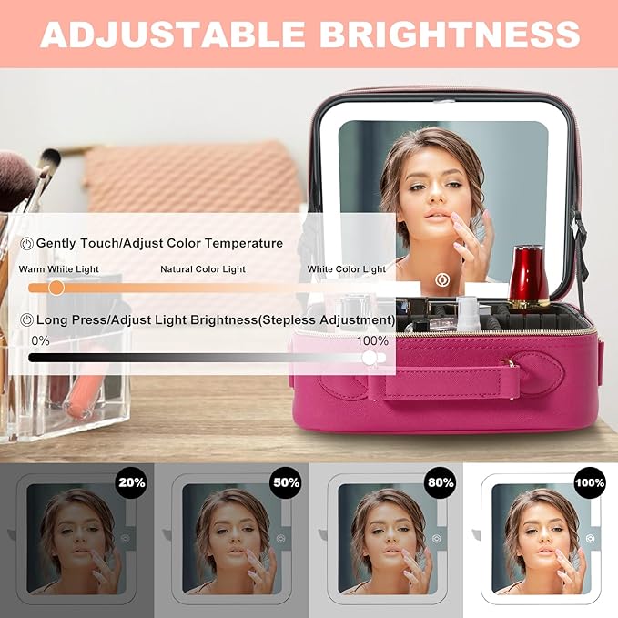 Mocado Travel Makeup Bag with LED Lighted Mirror,Travel Makeup Organizer,Makeup Case with 3 Color Lighted Setting and 10x Magnifying Mirror,Portable Storage and Adjustable Dividers Makeup Box(Violet)