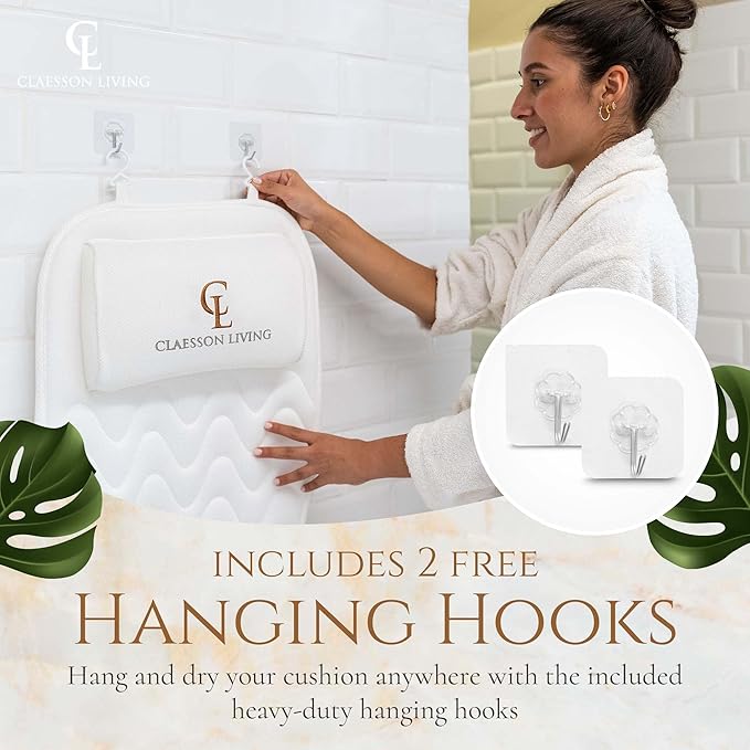 Full Body Bath Pillow (17'' x 49'') - Bathtub Cushion with Headrest Supports Neck, Back and Legs - Free Hanging Hooks for Fast Drying Over Tub - Includes Washing and Travel Bags - White