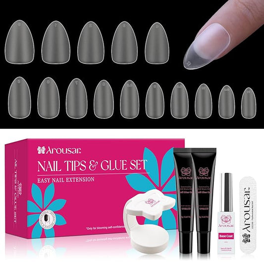 360pcs Short Almond Nail Tips Kit, Clear Acrylic Nail Extension Set in 15 Sizes, Matte Full Cover Press on False Nail Tips with 20ml*2 Glue Gel & UV Nail Lamp, Spring Summer DIY Salon Gift