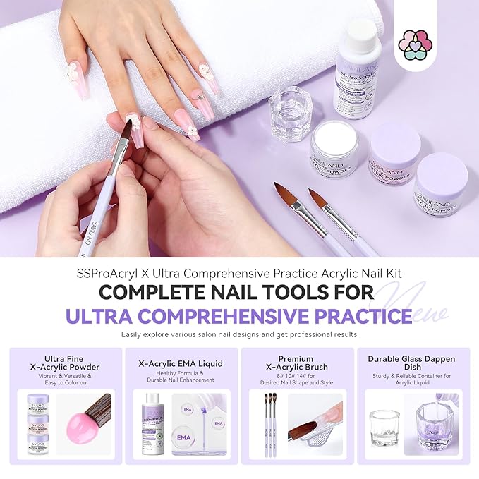 SAVILAND Acrylic Nail Kit for Practice: Premium Nails Kit Acrylic Set withPractice Hand Training Mat Brush for Beginner Extension Carving Home