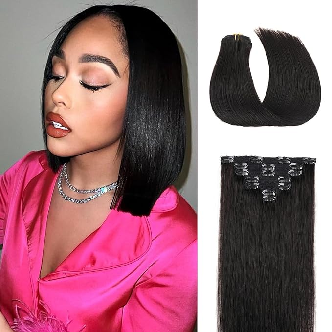 Clip In Hair Extensions Real Human Hair Double Weft Remy Hair 70g 7pcs Silky Straight 12 Inches Human Hair Clip In Extensions #1B Natural Black for Woman