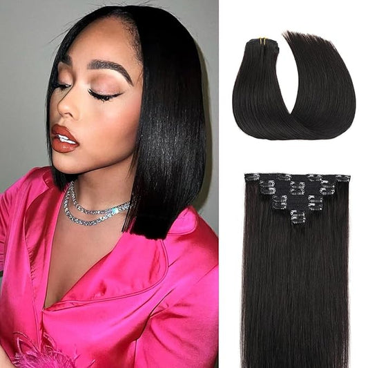 Clip In Hair Extensions Real Human Hair Double Weft Remy Hair 70g 7pcs Silky Straight 12 Inches Human Hair Clip In Extensions #1B Natural Black for Woman