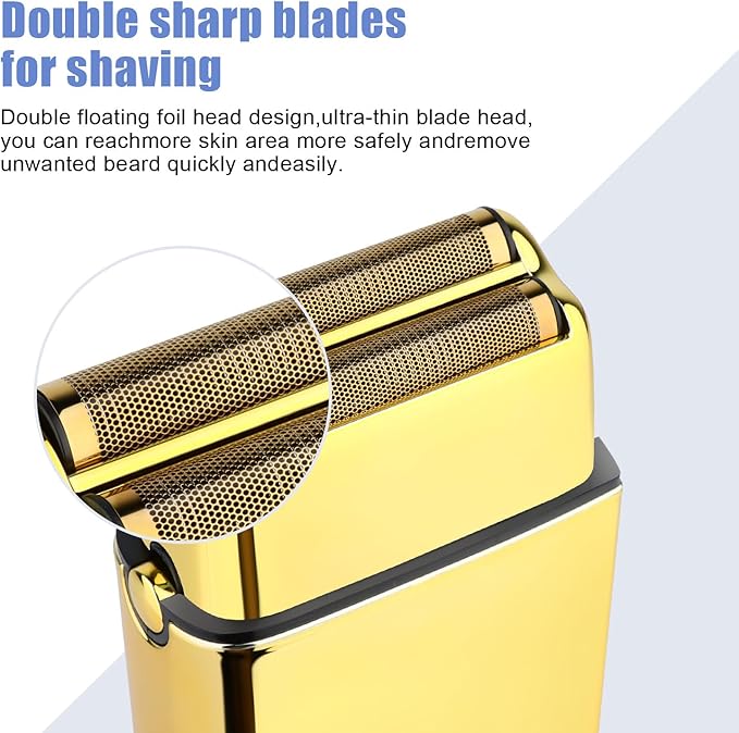 Foil Shaver for Men Barber, Double Electric Foil Trimmer, Professional Electric Razor, Close Shaver, Cordless Rechargeable with USB, Gold