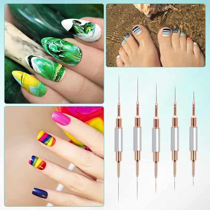 Nail Art Liner Brushes Sliver Set,double end nail art Brushes 10 Heads Striping Liner Brush for Long Lines Detail Thin nail art brush Metal Handle Striper Brushes Lengths 5/7/9/11/14/15/17/20/22/25mm