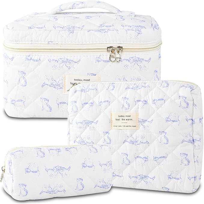 3Pcs Makeup Bag Cotton Quilted Travel Cosmetic Bag Cute Floral Makeup Pouch Large Toiletry Bag for Women Girls (Blue cat)