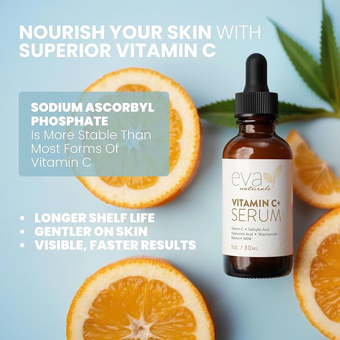 Eva Naturals Vitamin C Face Serum With Hyaluronic Acid - Anti Aging Serum - Reduce Dark Spots, Acne & Wrinkles - Retinol, Niacinamide & Salicylic Acid, Brightening Skin Serum for Glowing Skin
