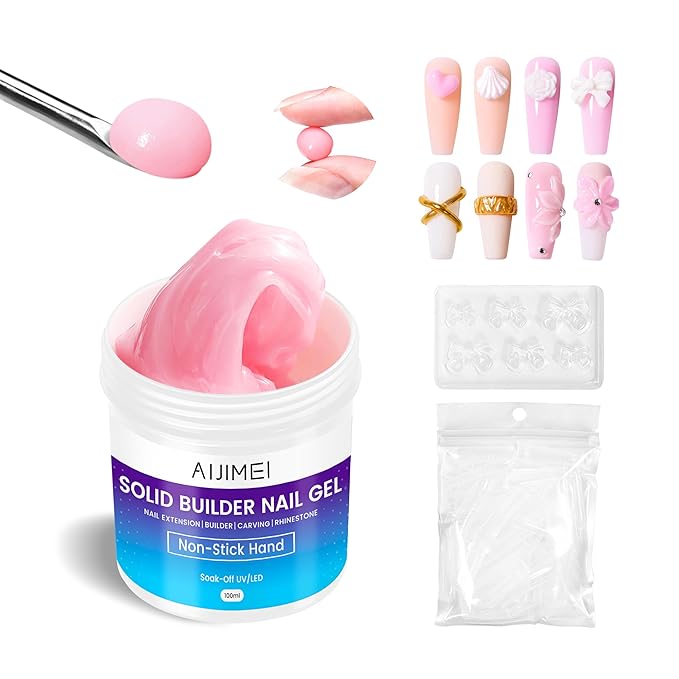 AIJIMEI 3.34oz Nail Builder Gel Kit for Nails 100ml Solid Builder Gel for Nails Nail Extension Gel with Nail Art Tools No Stick Hand Nail Gel for Nail Art DIY Home (Pink)