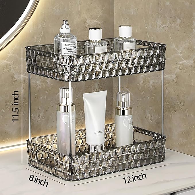 Makeup Organizer for Vanity, High-Capacity Clear Makeup Storage Perfume Organizers,Cosmetic Display Cases,Bathroom Countertop Organizer (Crystal Black, 2Tier)