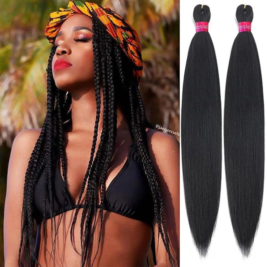 Black Braiding Hair Extension, 28 Inches Pre Stretched Braiding Hair for hair Braids,2 Packs Yaki Texture Synthetic Braid Hair
