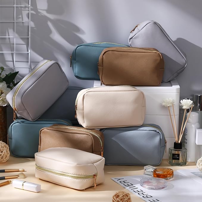 Sweetude 10 Pcs Preppy Makeup Bag Bulk Cosmetic Bag Bridesmaid Gift Wedding Day Bachelorette Party Favor Toiletry Pouch DIY PU Leather Skincare Pouch for Women(Morandi Color)