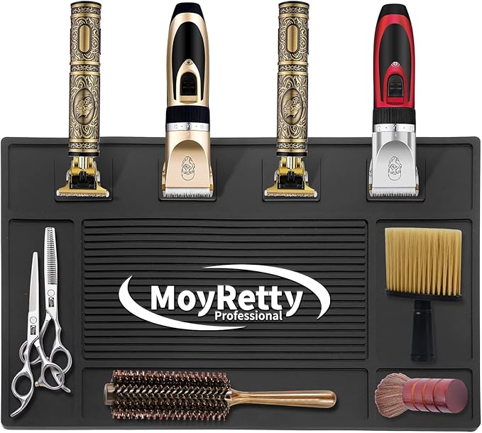 MoyRetty Magnetic Barber Organizer Mat for Clippers(17.7'' x 11.8''), Professional Anti-Slip Heat-Resistant Silicone Pad for Hair Stylist Supplies- 4 Magnets