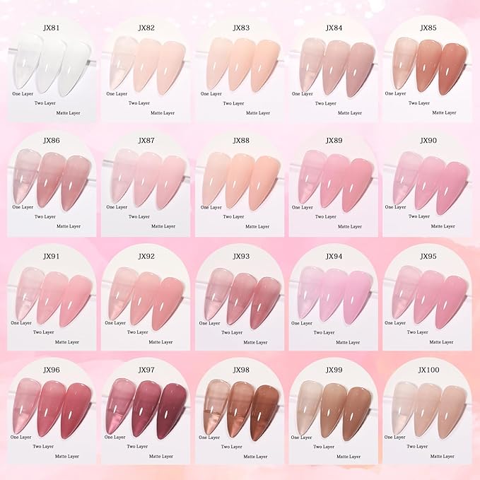 Jelly Pink Gel Nail Polish Set, 20 Colors Neutral Nude Pink Sheer Glitter White Color Soak Off UV Gel Kit with Base Gel Glossy Matte Top Coat DIY Manicure Gifts