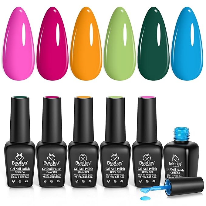 Beetles 6Colors Gel Polish Set- Deep Pink Green Blue Orange Gel Nail Polish Rainbow Hot Pink Nail Polish Boundless Energy Collection Holiday Nail Art Design, Soak Off Uv LED Gel Manicure DIY Home