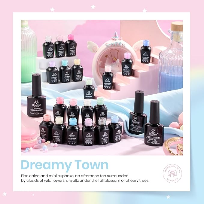 beetles Gel Polish Nail Set 20 Colors Spring Pastel Girly Sparkle Glitter Uv Gel Dreamy Town Collection Macaroon Bright Pastel Nail Manicure Kit with 3Pcs Base Top Coat Gift for Women