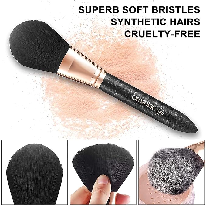OMANIAC Makeup Brush Set Professional, 12 Pearlescent Wood Handle Makeup Brushes, Premium Cruelty-Free Synthetic Fiber Hair, Travel Make up Brushes Set with Case (Black).